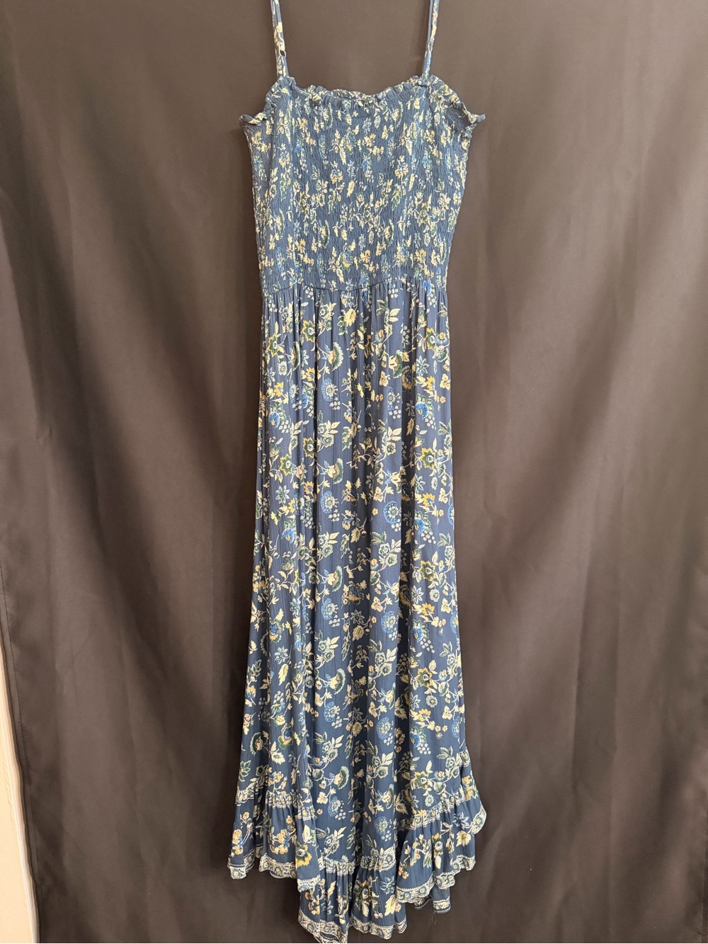 Angie Navy Floral Smocked Boho Maxi Dress Ruffle Hem Size L - Picture 4 of 4